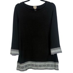 Chicos Black White 3/4 Sleeve Embroidered Stretched Hem Wrist Casual Med Tunic